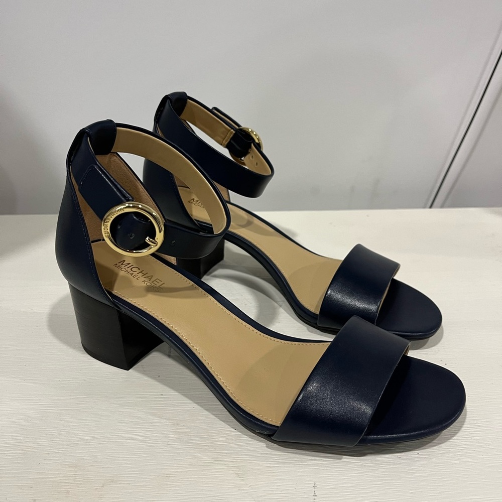 Michael Kors Lena Flex Mid Leather Navy Blue with Gold Buckle Heel